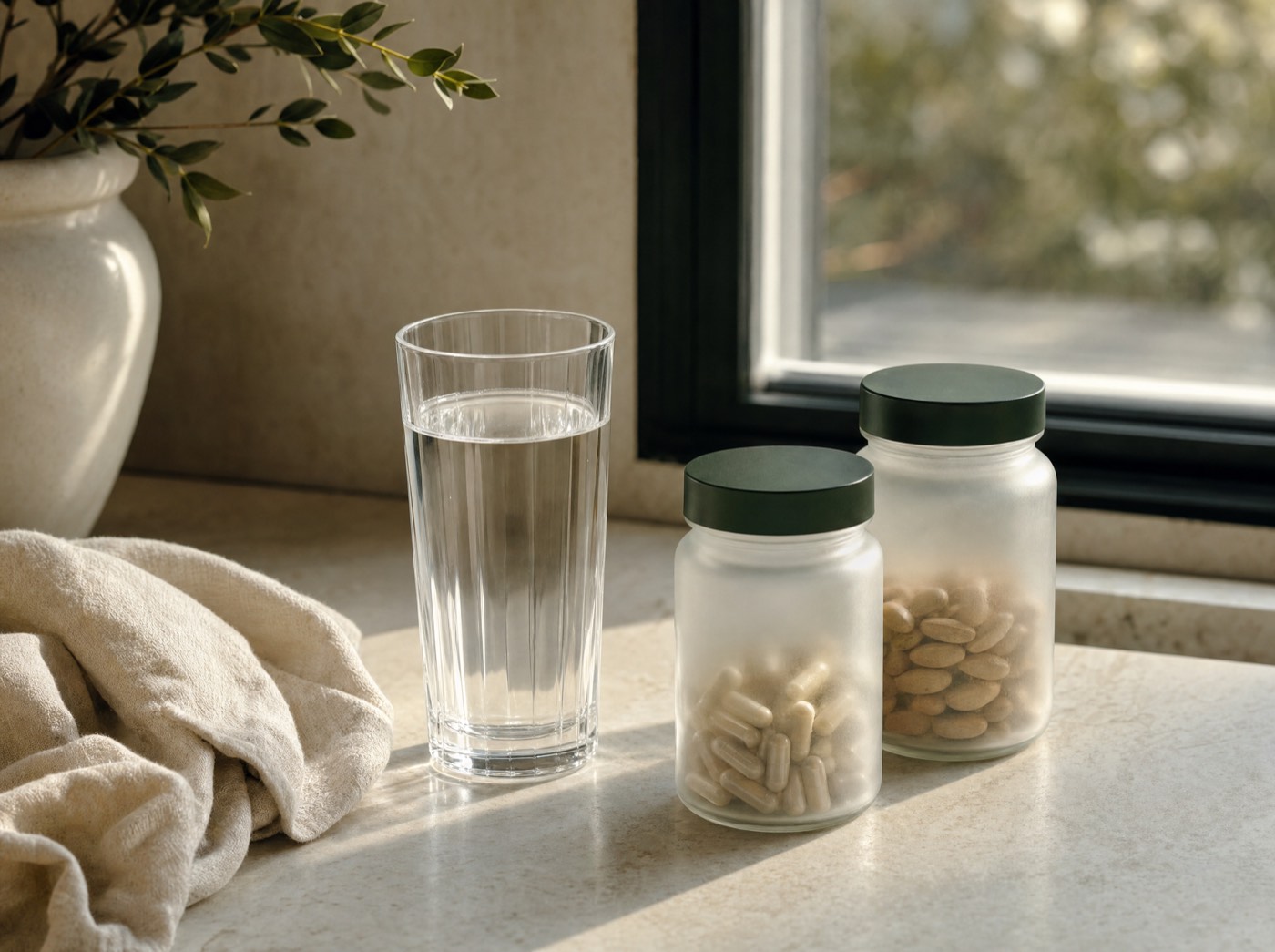A glass of water and two jars beside a window in early morning light